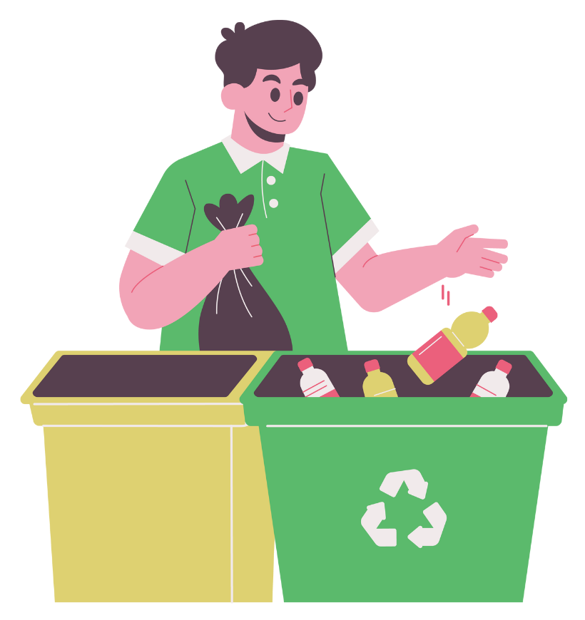 Cartoon man putting bottles in a green recycling bin.